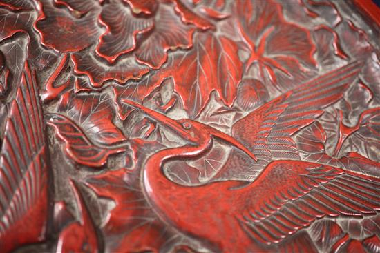A Chinese red lacquer pentafoil shaped dish, width 28cm